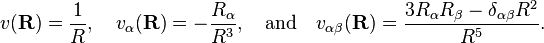 
v(\mathbf{R}) = \frac{1}{R},\quad v_\alpha(\mathbf{R})= -\frac{R_\alpha}{R^3},\quad \hbox{and}\quad v_{\alpha\beta}(\mathbf{R}) = \frac{3R_\alpha R_\beta- \delta_{\alpha\beta}R^2}{R^5} .
