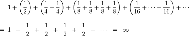 
\begin{align}
& 1 + \left(\frac{1}{2}\right) + \left(\frac{1}{4}+\frac{1}{4}\right) + \left(\frac{1}{8} + \frac{1}{8} + \frac{1}{8} + \frac{1}{8}\right) + \left(\frac{1}{16}+\cdots+\frac{1}{16}\right) + \cdots \\[12pt]
=\;\; & 1 \;\;+\;\; \frac{1}{2} \;\;+\;\; \frac{1}{2} \;\;+\;\; \frac{1}{2} \;\;+\;\; \frac{1}{2} \;\;+\;\; \cdots \;\;=\;\; \infty
\end{align}
