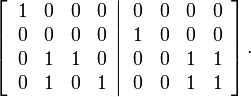 
\left[  \left.
\begin{array}
[c]{cccc}
1 & 0 & 0 & 0\\
0 & 0 & 0 & 0\\
0 & 1 & 1 & 0\\
0 & 1 & 0 & 1
\end{array}
\right\vert
\begin{array}
[c]{cccc}
0 & 0 & 0 & 0\\
1 & 0 & 0 & 0\\
0 & 0 & 1 & 1\\
0 & 0 & 1 & 1
\end{array}
\right]  .
