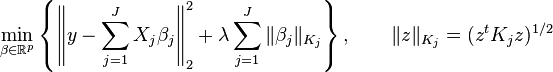  \min_{ \beta \in \mathbb{R}^p } \left\{ \left\| y - \sum_{j=1}^J X_j \beta_j \right\|_2^2 + \lambda \sum_{j=1}^J \| \beta_j \|_{K_j} \right\}, \qquad \| z \|_{K_j} = ( z^t K_j z )^{1/2} 