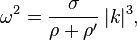 
\omega^2=\frac{\sigma}{\rho+\rho'}\, |k|^3,