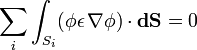 \sum_i \int_{S_i} (\phi\epsilon \, \mathbf{\nabla}\phi) \cdot \mathbf{dS} =
0