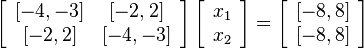  
\left[
\begin{array}{cc}
 {[-4,-3]} & {[-2,2]}\\
 {[-2,2]} & {[-4,-3]}
\end{array}
\right]
\left[
\begin{array}{c}
x_1\\
x_2
\end{array}
\right]
=
\left[
\begin{array}{c}
{[-8,8]}\\
{[-8,8]}
\end{array}
\right]
