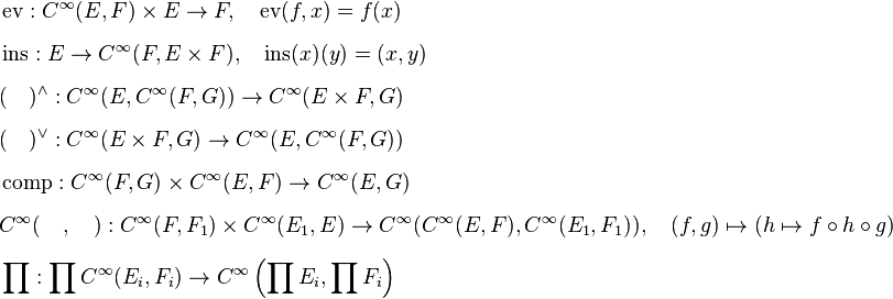 
\begin{align}
& \operatorname{ev}: C^\infty(E,F)\times E\to F,\quad \text{ev}(f,x) = f(x) \\[6pt]
& \operatorname{ins}: E\to C^\infty(F,E\times F),\quad\text{ins}(x)(y) = (x,y) \\[6pt]
& (\quad)^\wedge :C^\infty(E,C^\infty(F,G))\to C^\infty(E\times F,G) \\[6pt]
& (\quad)^\vee :C^\infty(E\times F,G)\to C^\infty(E,C^\infty(F,G)) \\[6pt]
& \operatorname{comp}:C^\infty(F,G)\times C^\infty(E,F)\to C^\infty(E,G) \\[6pt]
& C^\infty(\quad,\quad):C^\infty(F,F_1)\times C^\infty(E_1,E)\to C^\infty(C^\infty(E,F),C^\infty(E_1,F_1)),\quad (f,g)\mapsto(h\mapsto f\circ h\circ g) \\ [6pt]
& \prod:\prod C^\infty(E_i,F_i)\to C^\infty \left(\prod E_i,\prod F_i\right)
\end{align}
