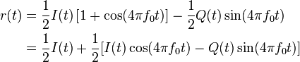 
\begin{align}
  r(t) &= \frac{1}{2} I(t) \left[1 + \cos (4 \pi f_0 t)\right] - \frac{1}{2} Q(t) \sin (4 \pi f_0 t) \\
         &= \frac{1}{2} I(t) + \frac{1}{2} [I(t) \cos (4 \pi f_0 t) - Q(t) \sin (4 \pi f_0 t)]
\end{align}
