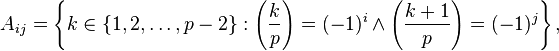 A_{ij}=\left\{k\in\{1,2,\dots,p-2\}: \left(\frac{k}{p}\right)=(-1)^i\land\left(\frac{k+1}{p}\right)=(-1)^j\right\},