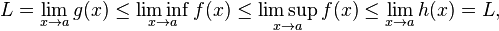 L=\lim_{x \to a} g(x)\leq \liminf_{x\to a}f(x)\leq\limsup_{x\to a}f(x)\leq \lim_{x \to a}h(x)=L,