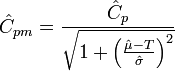 \hat{C}_{pm} = \frac{ \hat{C}_p } { \sqrt{ 1 + \left ( \frac{\hat{\mu} - T} {\hat{\sigma}} \right )^2 } }