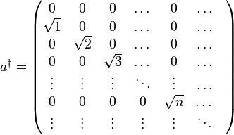  a^\dagger =\begin{pmatrix}           
0 & 0 & 0 & \dots & 0 &\dots \\
\sqrt{1} & 0 & 0 & \dots & 0 & \dots\\
0 & \sqrt{2} & 0 & \dots & 0 & \dots\\
0 & 0 & \sqrt{3} & \dots & 0 & \dots\\
\vdots & \vdots & \vdots & \ddots  & \vdots  & \dots\\
0 & 0 & 0 & 0 & \sqrt{n} &\dots &  \\
\vdots & \vdots & \vdots & \vdots & \vdots  &\ddots \end{pmatrix}
