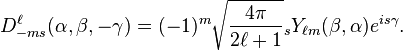 
D^{\ell}_{-m s}(\alpha,\beta,-\gamma) =(-1)^m \sqrt\frac{4\pi}{2{\ell}+1} {}_sY_{{\ell}m}(\beta,\alpha) e^{is\gamma}.
