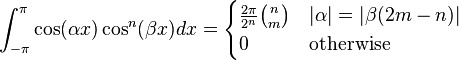 \int_{-\pi}^\pi \cos(\alpha x)\cos^n(\beta x) dx = \begin{cases}
\frac{2 \pi}{2^n} \binom{n}{m} & |\alpha|= |\beta (2m-n)| \\
0 & \text{otherwise}
\end{cases} 