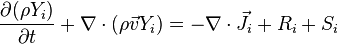  \frac{\partial (\rho Y _i)}{\partial t} + \nabla \cdot ( \rho \vec v Y _i) =  - \nabla \cdot \vec J _i + R _i + S _i 