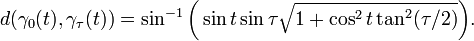 d(\gamma_0(t),\gamma_\tau(t))=\sin^{-1}\bigg(\sin t\sin\tau\sqrt{1+\cos^2 t\tan^2(\tau/2)}\bigg).