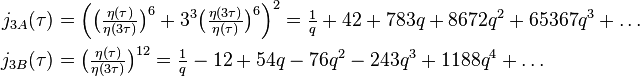 \begin{align}
j_{3A}(\tau) &=\Big(\big(\tfrac{\eta(\tau)}{\eta(3\tau)}\big)^{6}+3^3 \big(\tfrac{\eta(3\tau)}{\eta(\tau)}\big)^{6}\Big)^2 = \tfrac{1}{q} + 42 + 783q + 8672q^2 +65367q^3+\dots\\
j_{3B}(\tau) &= \big(\tfrac{\eta(\tau)}{\eta(3\tau)}\big)^{12} = \tfrac{1}{q} - 12 + 54q - 76q^2 - 243q^3 + 1188q^4 +  \dots\\
\end{align}