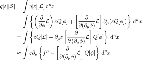 
\begin{align}
q[\varepsilon][\mathcal{S}] & = \int q[\varepsilon][\mathcal{L}] \, \mathrm{d}^n x  \\
& = \int \left\{ \left(\frac{\partial}{\partial \phi}\mathcal{L}\right) \varepsilon Q[\phi]+ \left[\frac{\partial}{\partial (\partial_\mu \phi)}\mathcal{L}\right]\partial_\mu(\varepsilon Q[\phi]) \right\} \, \mathrm{d}^n x \\
& = \int \left\{ \varepsilon Q[\mathcal{L}] + \partial_{\mu}\varepsilon \left[\frac{\partial}{\partial \left( \partial_\mu \phi\right)} \mathcal{L} \right] Q[\phi] \right\} \, \mathrm{d}^n x \\
& \approx \int \varepsilon \partial_\mu \left\{f^\mu-\left[\frac{\partial}{\partial (\partial_\mu\phi)}\mathcal{L}\right]Q[\phi]\right\} \, \mathrm{d}^n x
\end{align}
