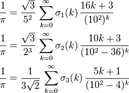 \begin{align}
\frac{1}{\pi} &= \frac{\sqrt{3}}{5^2}\,\sum_{k=0}^\infty \sigma_1(k)\,\frac{16k+3}{(10^2)^{k}}\\
\frac{1}{\pi} &= \frac{\sqrt{3}}{2^3}\,\sum_{k=0}^\infty \sigma_2(k)\,\frac{10k+3}{(10^2-36)^{k}}\\
\frac{1}{\pi} &= \frac{1}{3\sqrt{2}}\,\sum_{k=0}^\infty \sigma_3(k)\,\frac{5k+1}{(10^2-4)^{k}}\\ 
\end{align}