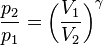 \frac{p_2}{p_1} = \left(\frac{V_1}{V_2}\right)^{\gamma}