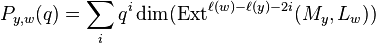 P_{y,w}(q) = \sum_{i} q^i \dim(\operatorname{Ext}^{\ell(w)-\ell(y)-2i}(M_y,L_w))