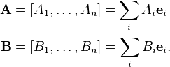 \begin{align}
\mathbf A &= [A_1 , \dots , A_n] = \sum_i A_i \mathbf e_i \\
\mathbf B &= [B_1 , \dots , B_n] = \sum_i B_i \mathbf e_i.
\end{align}
