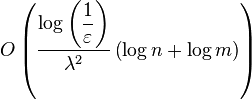 O\left(\dfrac{\log\left(\dfrac{1}{\varepsilon}\right)}{\lambda^{2}}\left(\log n + \log m\right)\right)