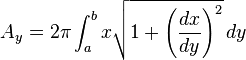 A_{y}=2\pi \int _{a}^{b}x{\sqrt {1+\left({\frac {dx}{dy}}\right)^{2}}}\,dy