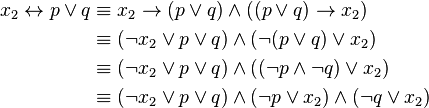 
\begin{align}
x_2 \leftrightarrow p \lor q &\equiv
x_2 \to (p \lor q) \land ((p \lor q) \to x_2) \\
&\equiv (\neg x_2 \lor p \lor q) \land (\neg(p \lor q) \lor x_2) \\
&\equiv (\neg x_2 \lor p \lor q) \land ((\neg p \land \neg q) \lor x_2) \\
&\equiv (\neg x_2 \lor p \lor q) \land (\neg p \lor x_2) \land (\neg q \lor x_2)
\end{align}
