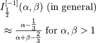 \begin{matrix}I_{\frac{1}{2}}^{[-1]}(\alpha,\beta)\text{ (in general) }\\[0.5em]
\approx \frac{ \alpha - \tfrac{1}{3} }{ \alpha + \beta - \tfrac{2}{3} }\text{ for }\alpha, \beta >1\end{matrix}