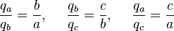  \frac{q_a}{q_b} = \frac{b}{a}, \ \ \ \ \frac{q_b}{q_c} = \frac{c}{b}, \ \ \ \ \frac{q_a}{q_c} = \frac{c}{a} \,