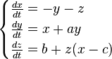  \begin{cases}  \frac{dx}{dt} = -y - z \\ \frac{dy}{dt} = x + ay \\ \frac{dz}{dt} = b + z(x-c) \end{cases} 