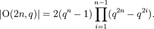 |\mathrm{O}(2n,q)|=2(q^n-1)\prod_{i=1}^{n-1}(q^{2n}-q^{2i}).