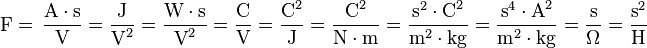 \mbox{F}
= \,\mathrm{\frac{A \cdot s}{V}
= \dfrac{\mbox{J}}{\mbox{V}^2}
= \dfrac{\mbox{W} \cdot \mbox{s}}{\mbox{V}^2}
= \dfrac{\mbox{C}}{\mbox{V}}
= \dfrac{\mbox{C}^2}{\mbox{J}}
= \dfrac{\mbox{C}^2}{\mbox{N} \cdot \mbox{m}}
= \dfrac{\mbox{s}^2 \cdot \mbox{C}^2}{\mbox{m}^{2} \cdot \mbox{kg}}
= \dfrac{\mbox{s}^4 \cdot \mbox{A}^2}{\mbox{m}^{2} \cdot \mbox{kg}}
= \dfrac{\mbox{s}}{\Omega}}
= \dfrac{\mbox{s}^{2}}{\mbox{H}}
