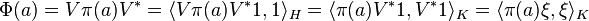 \Phi(a) = V \pi (a) V^* = \langle V \pi (a) V^* 1, 1 \rangle _H = \langle \pi (a) V^* 1, V^* 1 \rangle _K = \langle \pi (a) \xi, \xi \rangle _K
