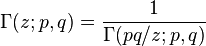 \Gamma(z;p,q)=\frac{1}{\Gamma(pq/z; p,q)}\,