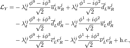 \begin{align}\mathcal{L}_{Y} =
&-\lambda_u^{ij}\frac{\phi^0-i\phi^3}{\sqrt{2}}\overline u_L^i  u_R^j
+\lambda_u^{ij}\frac{\phi^1-i\phi^2}{\sqrt{2}}\overline d_L^i  u_R^j\\
&-\lambda_d^{ij}\frac{\phi^0+i\phi^3}{\sqrt{2}}\overline d_L^i  d_R^j
-\lambda_d^{ij}\frac{\phi^1+i\phi^2}{\sqrt{2}}\overline u_L^i  d_R^j\\
&-\lambda_e^{ij}\frac{\phi^0+i\phi^3}{\sqrt{2}}\overline e_L^i  e_R^j
-\lambda_e^{ij}\frac{\phi^1+i\phi^2}{\sqrt{2}}\overline \nu_L^i  e_R^j
+ \textrm{h.c.},\end{align}