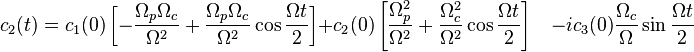 
c_2(t)=c_1(0)\left[-\frac{\Omega_p \Omega_c }{\Omega^2}+\frac{\Omega_p \Omega_c }{\Omega^2}\cos\frac{\Omega t}{2}\right]+c_2(0)\left[\frac{\Omega_p ^2}{\Omega^2}+\frac{\Omega_c^2}{\Omega^2}\cos\frac{\Omega t}{2}\right]
\quad-ic_3(0)\frac{\Omega_c }{\Omega}\sin\frac{\Omega t}{2}