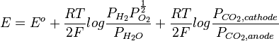 E = E^o + \frac{RT}{2F}log\frac{P_{H_2}P_{O_2}^{\frac{1}{2}}}{P_{H_2O}}+\frac{RT}{2F}log\frac{P_{CO_2,cathode}}{P_{CO_2,anode}}