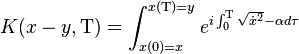 
K(x-y,\Tau) = \int_{x(0)=x}^{x(\Tau)=y} e^{i \int_0^\Tau \sqrt{{\dot x}^2} - \alpha d\tau}
\,