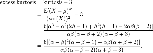 \begin{align}
\text{excess kurtosis}
     &=\text{kurtosis} - 3\\
     &=\frac{\operatorname{E}[(X - \mu)^4]}{{(\operatorname{var}(X))^{2}}}-3\\
     &=\frac{6[\alpha^3-\alpha^2(2\beta - 1) + \beta^2(\beta + 1) - 2\alpha\beta(\beta + 2)]}{\alpha \beta (\alpha + \beta + 2)(\alpha + \beta + 3)}\\
     &=\frac{6[(\alpha - \beta)^2 (\alpha +\beta + 1) - \alpha \beta (\alpha + \beta + 2)]}
{\alpha \beta (\alpha + \beta + 2) (\alpha + \beta + 3)} .
\end{align}