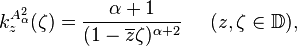 k_z^{A^2_\alpha} (\zeta) = \frac{\alpha+1}{(1-\overline{z}\zeta)^{\alpha+2}} \; \; \; \; \; (z, \zeta \in \mathbb{D}),