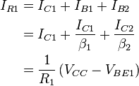 \begin{align}
  I_{R1} &= I_{C1} + I_{B1} + I_{B2} \\
         &= I_{C1} + \frac{I_{C1}}{\beta_1} + \frac{I_{C2}}{\beta_2} \\
         &= \frac{1}{R_1} \left(V_{CC} - V_{BE1}\right)
\end{align}