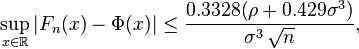 \sup_{x\in\mathbb R}\left|F_n(x) - \Phi(x)\right| \le {0.3328 (\rho+0.429\sigma^3)\over \sigma^3\,\sqrt{n}},