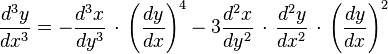  \frac{d^3y}{dx^3} = - \frac{d^3x}{dy^3}\,\cdot\,\left(\frac{dy}{dx}\right)^4 -
3 \frac{d^2x}{dy^2}\,\cdot\,\frac{d^2y}{dx^2}\,\cdot\,\left(\frac{dy}{dx}\right)^2