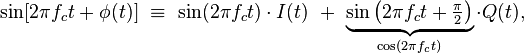 \sin[2\pi f_c t + \phi(t)]\ \equiv \ \sin(2\pi f_c t)\cdot I(t)\ +\ \underbrace{\sin\left(2\pi f_c t + \tfrac{\pi}{2} \right)}_{\cos(2\pi f_c t)} \cdot Q(t),