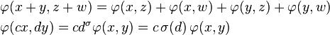 \begin{align}
&\varphi(x + y, z + w) = \varphi(x, z) + \varphi(x, w) + \varphi(y, z) + \varphi(y, w)\\
&\varphi(c x, d y) = c d^{\sigma} \varphi(x,y) = c \,\sigma (d) \,\varphi(x,y)\end{align}