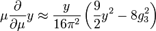 \mu \frac{\partial}{\partial\mu} y  \approx \frac{y}{16\pi^2}\left(\frac{9}{2}y^2 - 8 g_3^2\right)