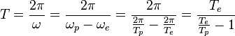 T = {2\pi\over \omega} = {2\pi\over \omega_p - \omega_e} = {2\pi\over {2\pi\over T_p} - {2\pi\over T_e}}
= {T_e \over {T_e \over T_p} - 1}