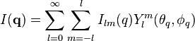 
I(\mathbf{q}) = \sum_{l=0}^{\infty} \sum_{m=-l}^{l} I_{lm}(q) Y_l^m(\theta_q,\phi_q)
