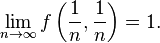 \lim_{n \to \infty} f \left(\frac{1}{n},\frac{1}{n}\right) = 1.