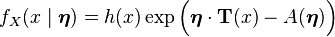  f_X(x\mid\boldsymbol \eta) = h(x) \exp\Big(\boldsymbol\eta \cdot \mathbf{T}(x) - A({\boldsymbol \eta})\Big)