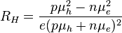 R_H=\frac{p\mu_h^2 - n\mu_e^2}{e(p\mu_h + n\mu_e)^2}